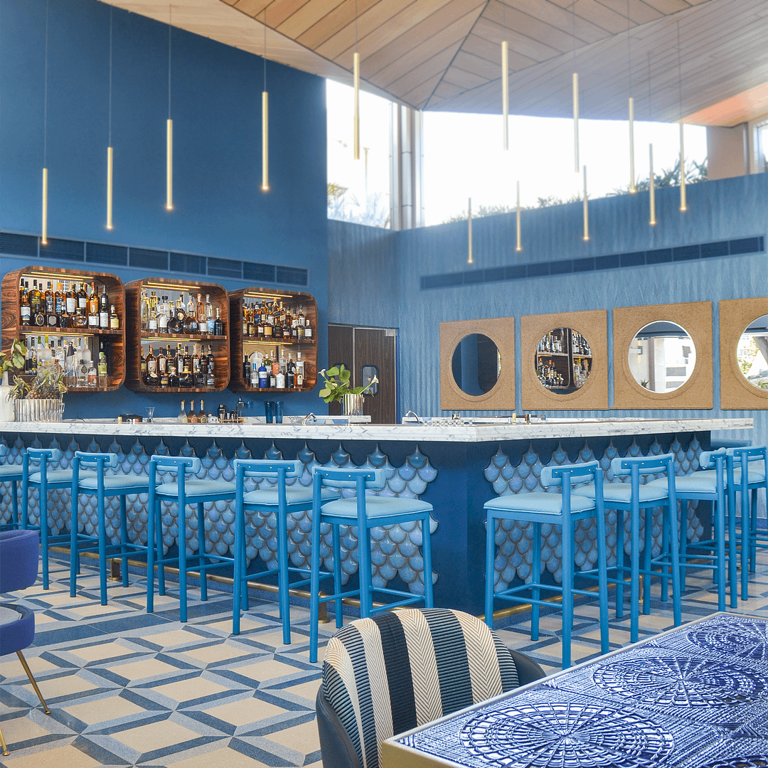 foto general de la barra del restaurante con mosaico en forma de escamas de pez
